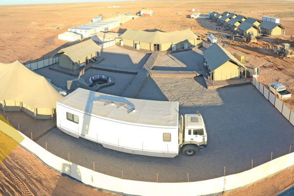 Aerial image of tent resort under construction