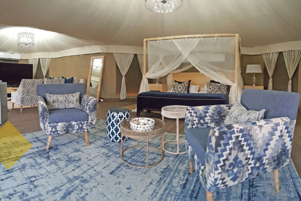 Sitting room, bedroom and living room in luxury tent resort