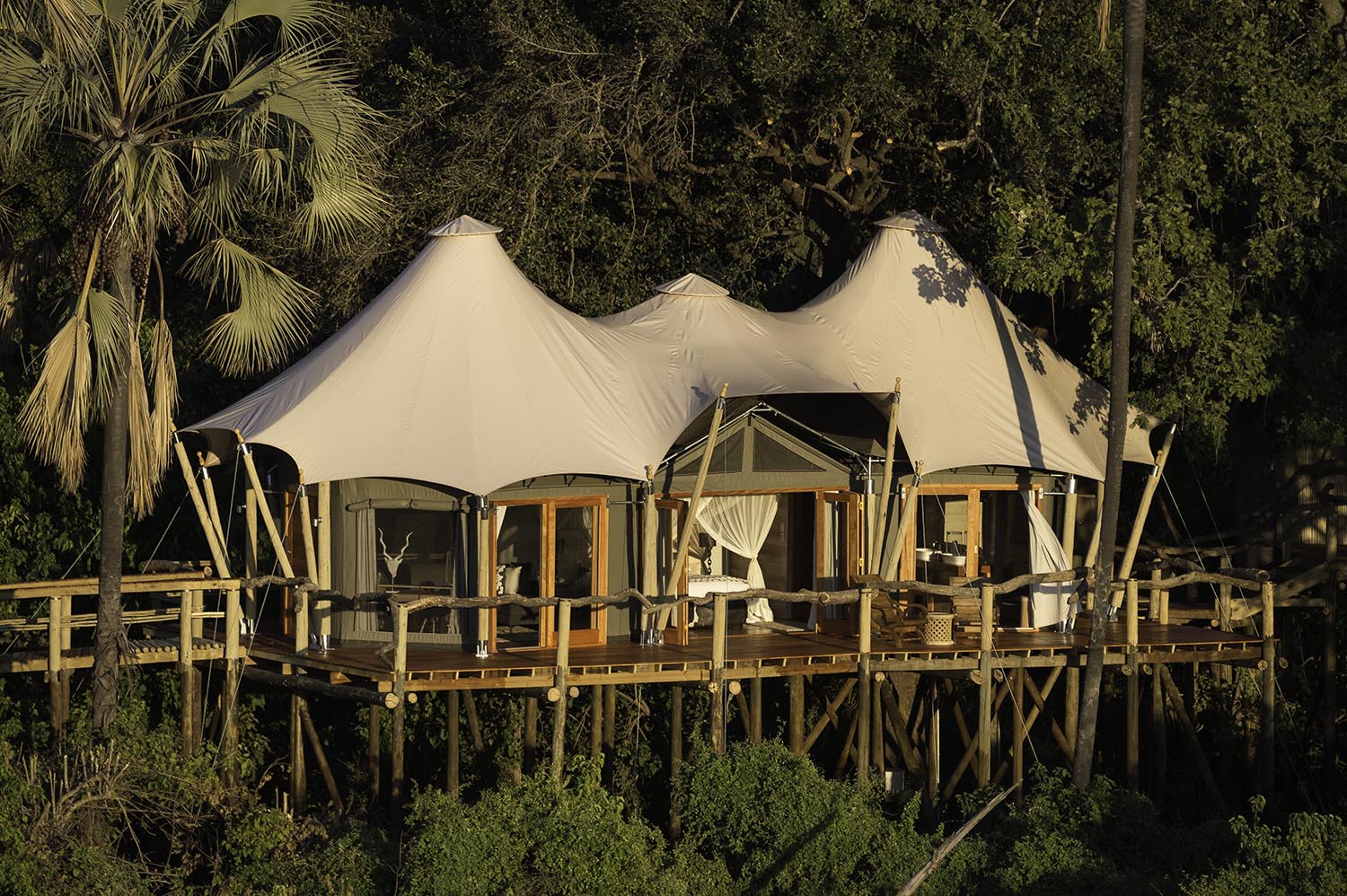Elevated glamping tent on a wooden deck in the trees