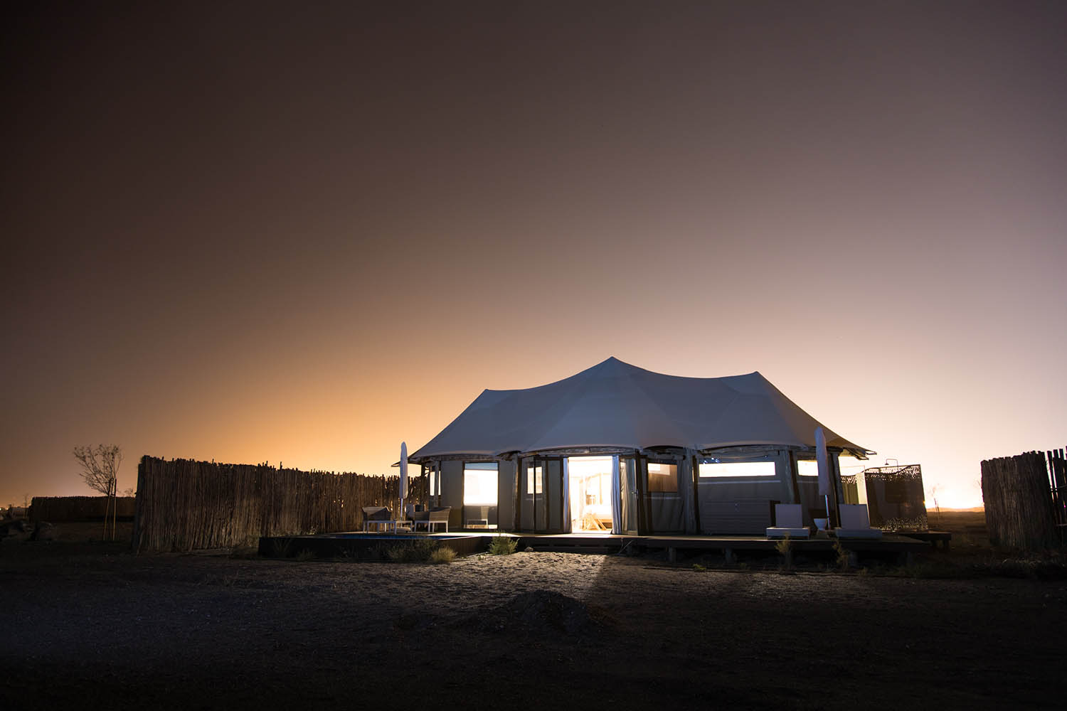 Kalba glamping tent at sunrise